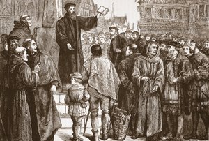 Farel prêchant sur la place du marché de Neuchâtel, illustration de L
