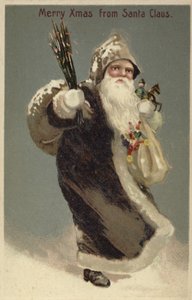Père Noël en manteau de fourrure, portant des cadeaux - English School