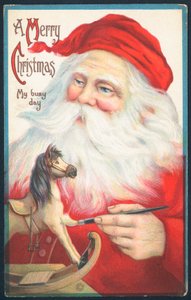 Père Noël peignant un cheval à bascule, Carte de Noël - English School