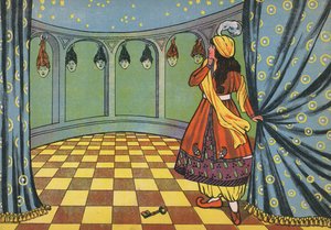 Fatima découvrant le secret de la chambre verrouillée de Barbe-Bleue (lithographie en couleur)