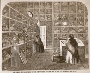 Magasin de vêtements des prisonnières à la prison de Tothill Fields, illustration de The Criminal Prisons of London and Scenes from Prison Life par Henry Mayhew et John Binny, pub. 1862 - English School