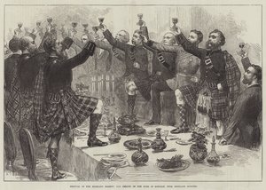 Festival de la société des Highlands, la santé du duc de Rothsay, avec les honneurs des Highlands (gravure) - English School
