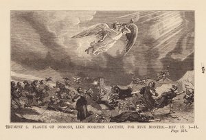 Cinquième ange apportant un fléau de démons, comme des sauterelles scorpions, pendant cinq mois (gravure) - English School