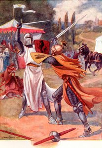 Chevaliers combattants en armure. Illustration en couleur du livre The Gateway to Tennyson publié en 1910.