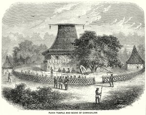 Temple fidjien et scène de cannibalisme (gravure) - English School