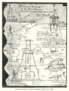 Premier dessin du marteau à vapeur, 24 novembre 1839 (gravure) - English School