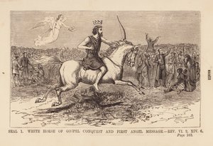 Premier sceau, cheval blanc de la conquête évangélique et message du premier ange (gravure) - English School