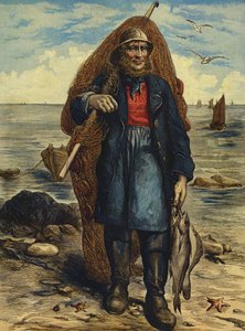 Pêcheur portant ses filets et tenant sa prise de poissons - English School