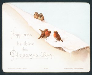 Cinq petits rouges-gorges dans la neige, carte de Noël - English School