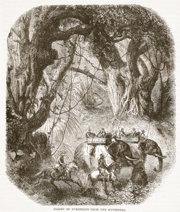 Fuite des Européens devant les mutins, illustration de Cassells Illustrated History of England - English School