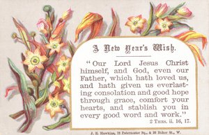 Fleurs et verset religieux, Carte de Nouvel An - English School