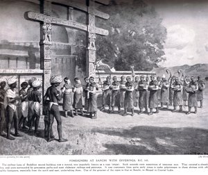 Étrangers à Sanchi avec des offrandes en 145 av. J.-C., illustration de l