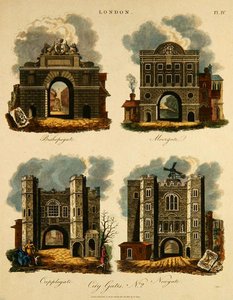 Quatre portes de la ville : Bishopsgate, Moorgate, Cripplegate et Newgate, gravées par J. Pass, publiées par G. Jones