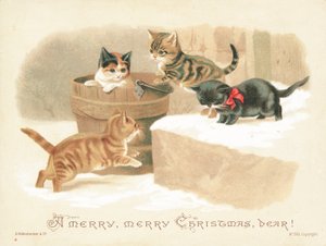 Quatre petits chatons jouant, carte de Noël - English School