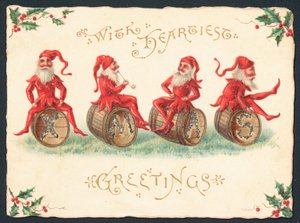 Quatre lutins assis sur des tonneaux, carte de Noël - English School