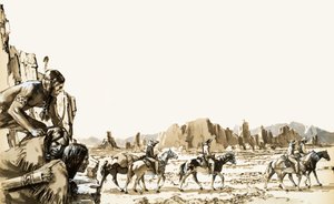 Quatre hommes se dirigent vers Funeral Mountain et Death Valley au-delà - English School
