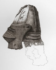 Bassinet visière du XIVe siècle, presque globuleux, avec camail attaché, du château de Warwick. De L