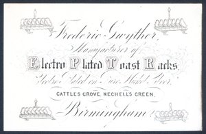 Carte de visite de Frederic Gwyther, fabricant de porte-toast en métal argenté - English School