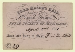 Salle des francs-maçons, billet pour dames, festival annuel, Société royale des musiciens, 2 avril 1841 - English School