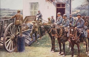 Lanciers français arrivant à un avant-poste de village, venant en aide aux forces britanniques, 1914-19 - English School