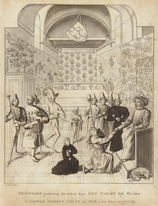 Froissart présentant ses lettres de Guy Court de Blois à Gaston Phoebus, comte de Foix, dans son palais d