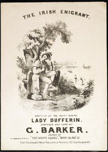 Couverture de la partition musicale pour The Irish Immigrant, écrite par Lady Dufferin, composée par G. Barker - English School