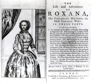 Frontispice et page de titre pour La Vie et les Aventures de Roxana par Daniel Defoe, publié en 1765 - English School