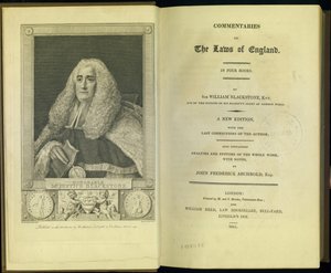 Frontispice et page de titre de Commentaries on the Laws of England in Four Books, par Sir William Blackstone, Knt., publié par M. et S. Brooke, Londres, 1811