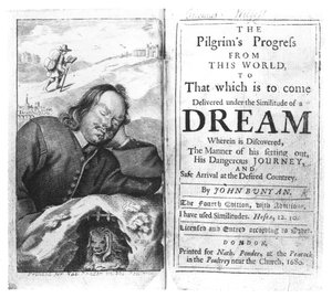 Frontispice de Le Voyage du pèlerin de John Bunyan (1628-88) publié en 1680 - English School