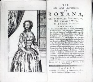 Frontispice de Roxana, La Maîtresse Fortunée de Daniel Defoe, édition publiée en 1765