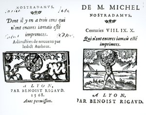 Frontispice des Prophéties de M. Michel Nostradamus, pub. par Benoist Rigaud, 1568
