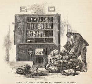 Désinfection des vêtements des prisonniers à la prison de Coldbath Fields, illustration de The Criminal Prisons of London and Scenes from Prison Life par Henry Mayhew et John Binny, pub. 1862 - English School