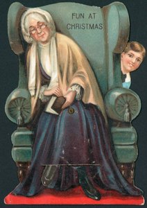 Amusement à Noël, caché derrière une chaise, Carte de Noël - English School