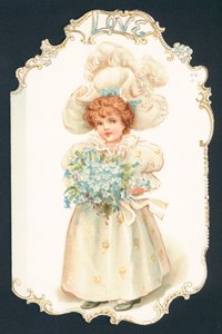 Fille tenant un bouquet de fleurs, Carte de Noël - English School