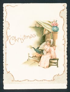Fille assise près du feu, Carte de Noël - English School