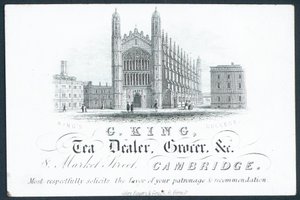 G King, marchand de thé, épicier etc., carte de visite - English School