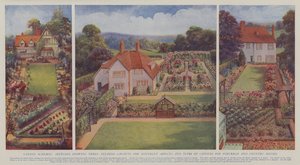 Schémas de jardins, croquis montrant trois dispositions agréables pour différents aspects et types de jardins pour les maisons de banlieue et de campagne (litho couleur)