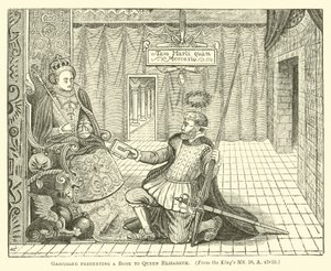 Gascoigne présentant un livre à la reine Élisabeth