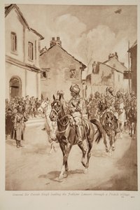 Général Sir Pertab Singh menant les lanciers de Jodhpur à travers un village français, 1914-19 - English School