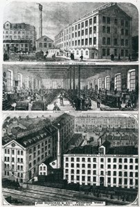 Vue générale des ateliers de pianos John Brimsmead & Sons, Grafton Road, Kentish Town, Londres (gravure) - English School