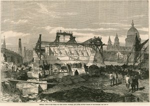 Vue générale des travaux pour le pont ferroviaire de Londres, Chatham et Dover à Blackfriars, Londres - English School
