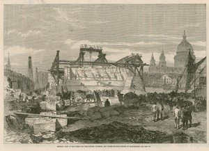 Vue générale des travaux pour le pont ferroviaire de London, Chatham et Dover à Blackfriars - English School