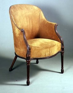Fauteuil bergère George III, fin du 18e siècle (acajou et tapisserie)