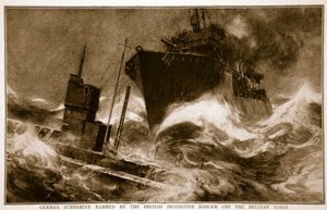 Sous-marin allemand éperonné par le destroyer britannique Badger au large de la côte belge, 1914-19 - English School