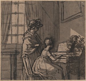 Fille au clavecin, vers 1800 (encre et lavis sur papier) - English School