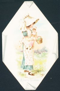 Fille portant une poupée et un panier, Carte de Noël - English School