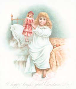 Fille sortant du lit le matin de Noël avec un cadeau, carte de Noël - English School