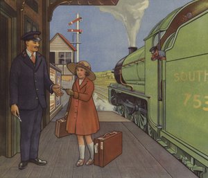 Fille donnant son billet de train au chef de gare - English School