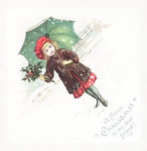 Fille tenant un parapluie et du houx dans la neige - English School