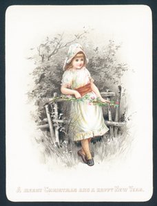 Fille appuyée sur une clôture tenant un bouquet de fleurs, carte de Noël - English School